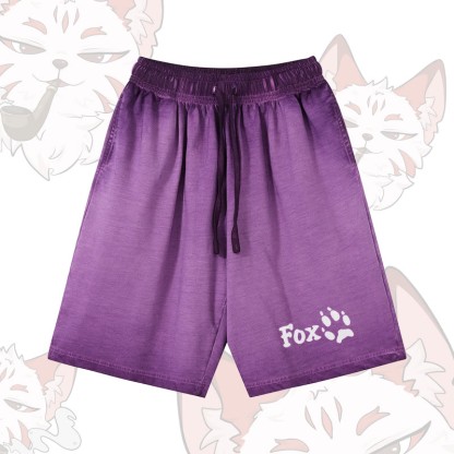 FOXグラフィックModakawa100%綿ヴィンテージウォッシュ ダメージ加工 ショートパンツ - Purple - 5XL - image 3
