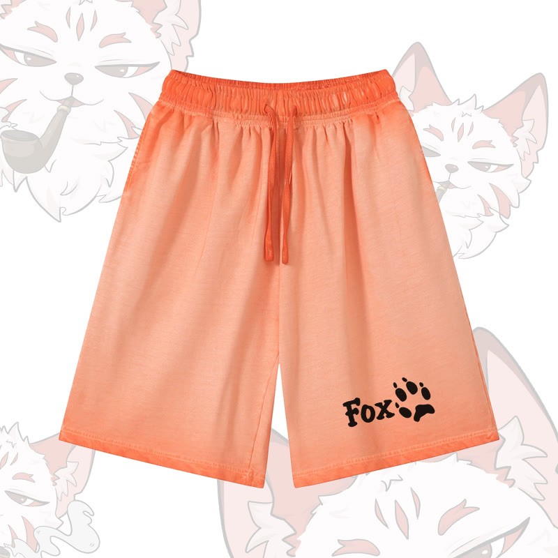 FOXグラフィックModakawa100%綿ヴィンテージウォッシュ ダメージ加工 ショートパンツ - Orange - 5XL - image 1