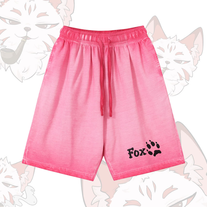 FOXグラフィックModakawa100%綿ヴィンテージウォッシュ ダメージ加工 ショートパンツ - Rose Red - 5XL - image 2