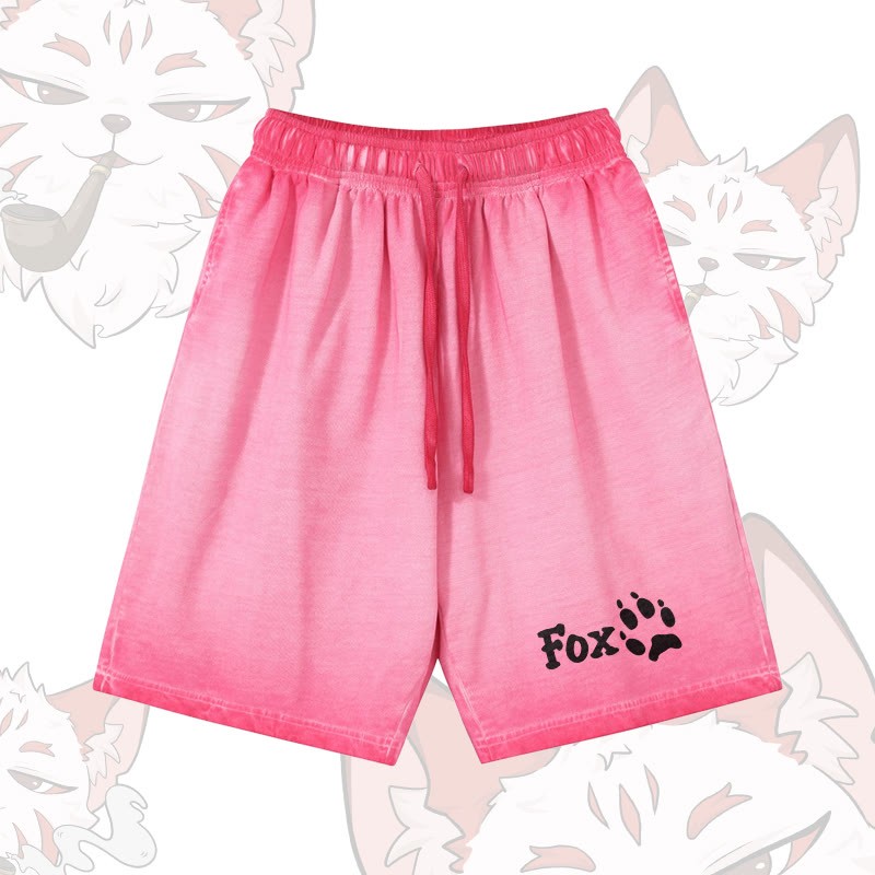 FOXグラフィックModakawa100%綿ヴィンテージウォッシュ ダメージ加工 ショートパンツ - Rose Red - 5XL - image 2