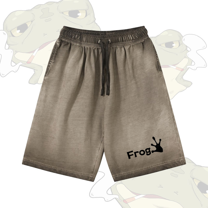 FROG グラフィックModakawa 100%綿グラデーション ヴィンテージ ウォッシュ加工 ダメージ加工 ショートパンツ - Olive Green - 5XL - image 2