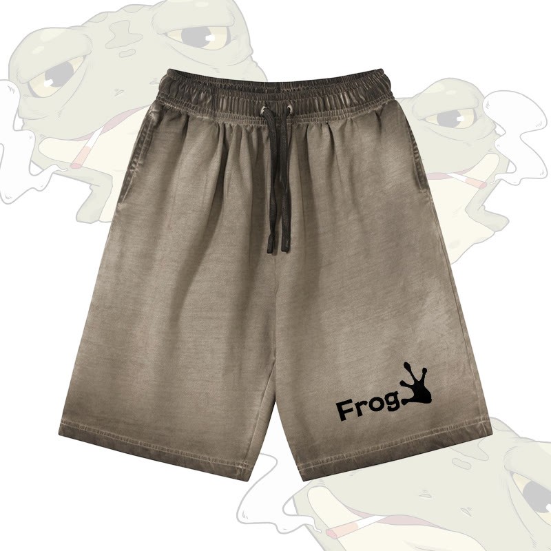 FROG グラフィックModakawa 100%綿グラデーション ヴィンテージ ウォッシュ加工 ダメージ加工 ショートパンツ - Olive Green - 5XL - image 2