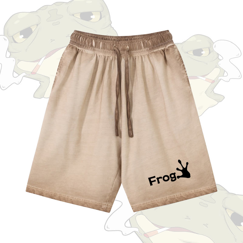 FROG グラフィックModakawa 100%綿グラデーション ヴィンテージ ウォッシュ加工 ダメージ加工 ショートパンツ - Khaki - 5XL - image 1