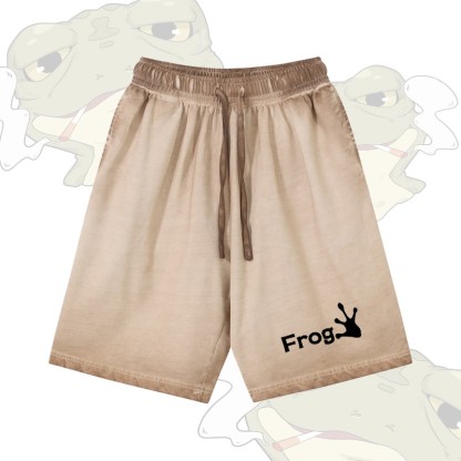FROG グラフィックModakawa 100%綿グラデーション ヴィンテージ ウォッシュ加工 ダメージ加工 ショートパンツ - Khaki - 5XL - image 1