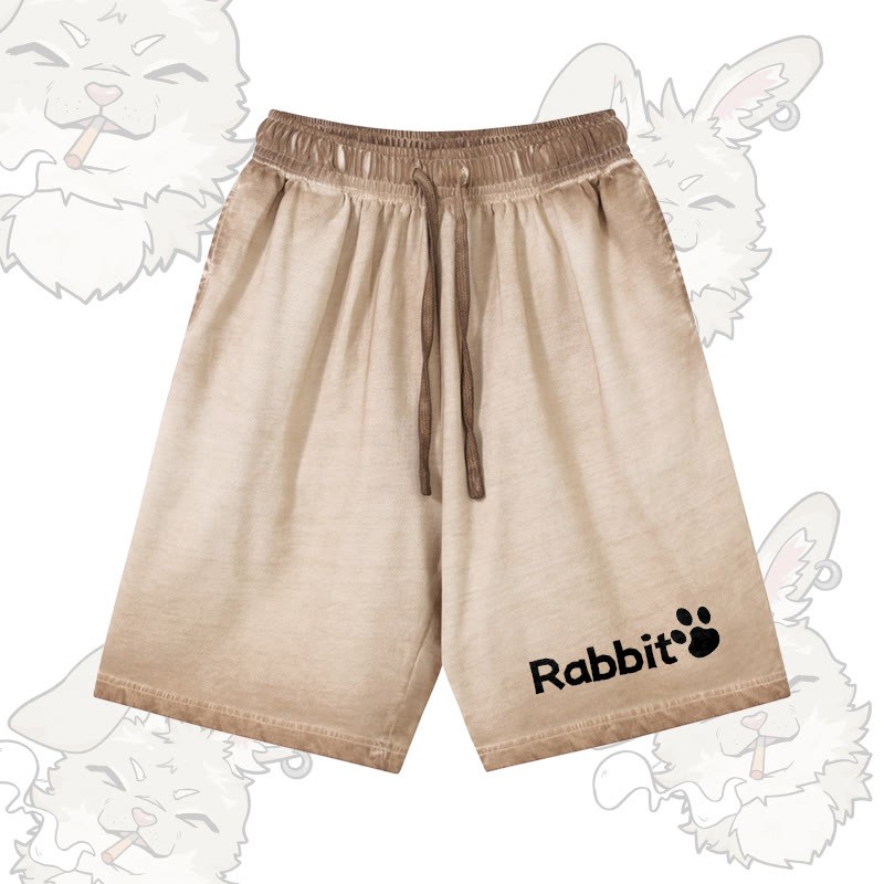 RABBIT グラフィックModakawa 100%綿グラデーション ヴィンテージウォッシュ ダメージ加工 ショートパンツ - Khaki - 5XL - image 2