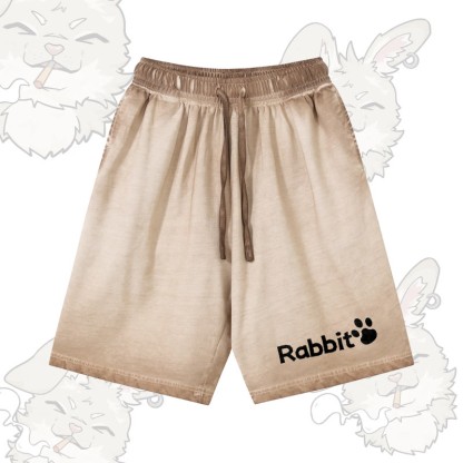 RABBIT グラフィックModakawa 100%綿グラデーション ヴィンテージウォッシュ ダメージ加工 ショートパンツ - Khaki - 5XL - image 2
