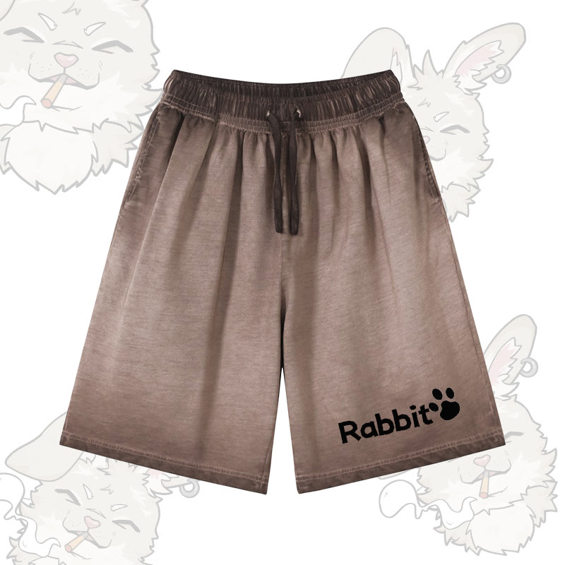 RABBIT グラフィックModakawa 100%綿グラデーション ヴィンテージウォッシュ ダメージ加工 ショートパンツ - Brown - 5XL - image 1