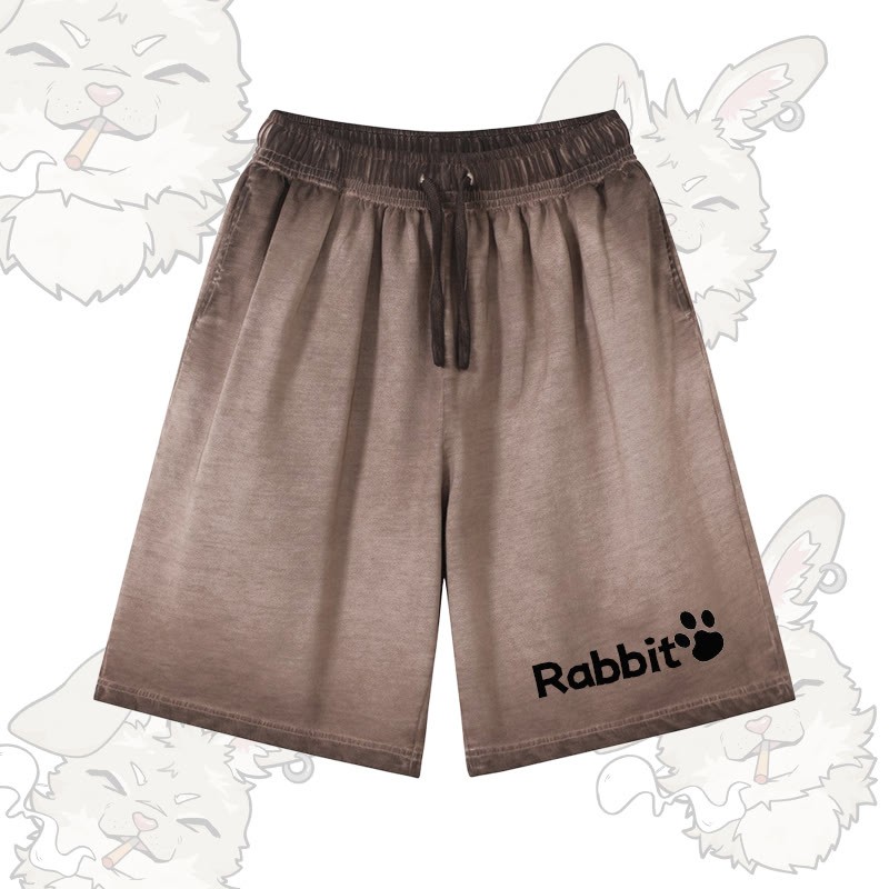 RABBIT グラフィックModakawa 100%綿グラデーション ヴィンテージウォッシュ ダメージ加工 ショートパンツ - Brown - 5XL - image 1