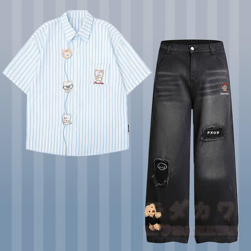 ストライプの子犬刺繍シャツ、3Dクマのダメージデニムパンツ、Modakawaのマッチングアウトフィット - セットB - XL - image 6