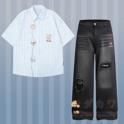 ストライプの子犬刺繍シャツ、3Dクマのダメージデニムパンツ、Modakawaのマッチングアウトフィット - セットB - XL - image 6