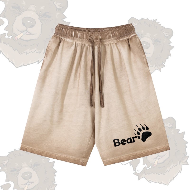 BEAR グラフィックModakawa 100%綿グラデーション ヴィンテージ ウォッシュ加工 ダメージ加工 ショートパンツ - Khaki - 5XL - image 2