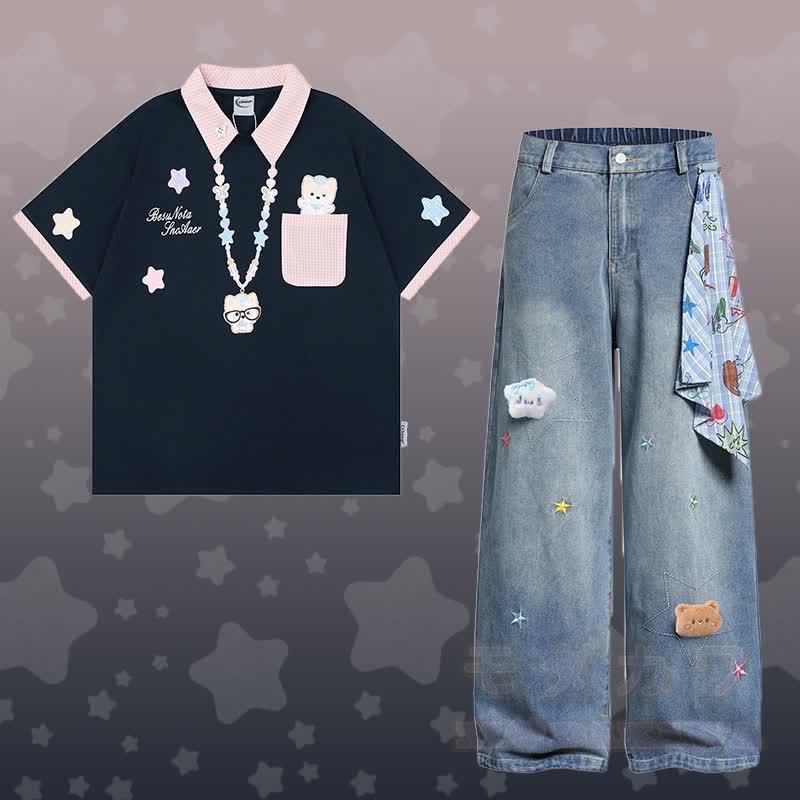 子犬柄ポロシャツと星柄デニムパンツのセット - セットB - XL - image 6