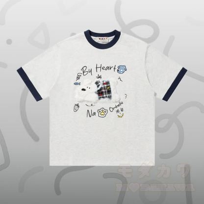 子犬柄シェニール刺繍綿Tシャツと星柄デニムパンツのセット（Modakawa） - グレーのTシャツ - XL - image 3