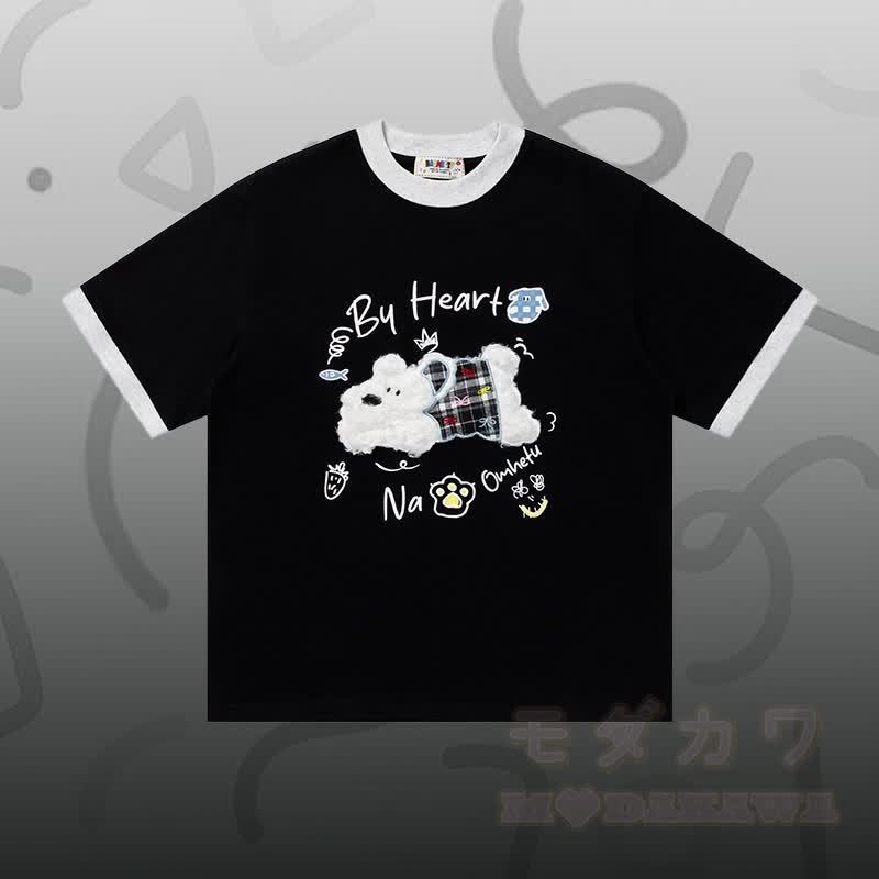 子犬柄シェニール刺繍綿Tシャツと星柄デニムパンツのセット（Modakawa） - 黒のTシャツ - XL - image 2