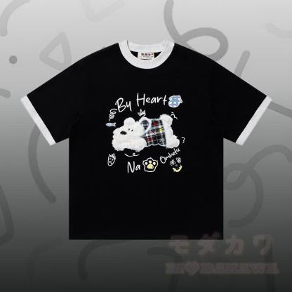 子犬柄シェニール刺繍綿Tシャツと星柄デニムパンツのセット（Modakawa） - 黒のTシャツ - XL - image 2