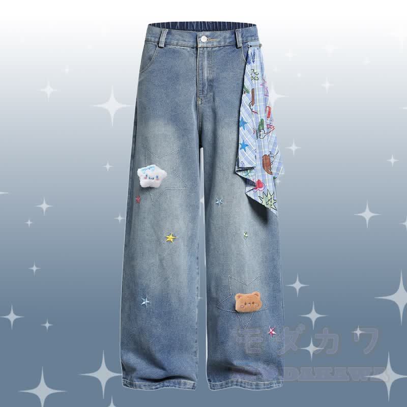 子犬柄シェニール刺繍綿Tシャツと星柄デニムパンツのセット（Modakawa） - 青いパンツ - XL - image 4