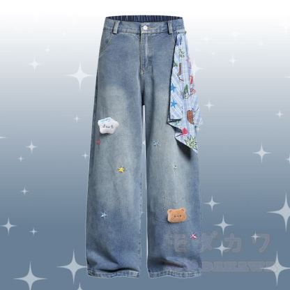 子犬柄シェニール刺繍綿Tシャツと星柄デニムパンツのセット（Modakawa） - 青いパンツ - XL - image 4