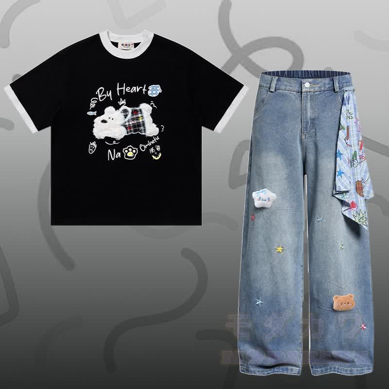 子犬柄シェニール刺繍綿Tシャツと星柄デニムパンツのセット（Modakawa） - セットA - XL - image 1