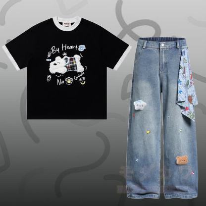 子犬柄シェニール刺繍綿Tシャツと星柄デニムパンツのセット（Modakawa） - セットA - XL - image 1