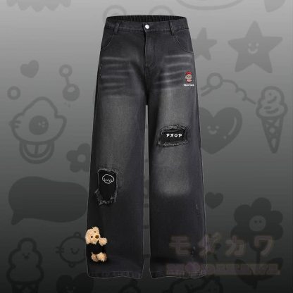 ストライプの子犬刺繍シャツ、3Dクマのダメージデニムパンツ、Modakawaのマッチングアウトフィット - 黒のパンツ - XL - image 5