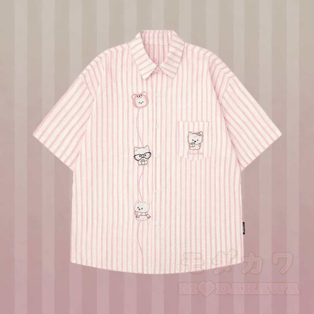 ストライプの子犬刺繍シャツ、3Dクマのダメージデニムパンツ、Modakawaのマッチングアウトフィット - ピンクのシャツ - XL - image 3