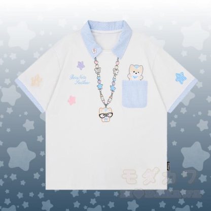 子犬柄ポロシャツと星柄デニムパンツのセット - 白いTシャツ - XL - image 3