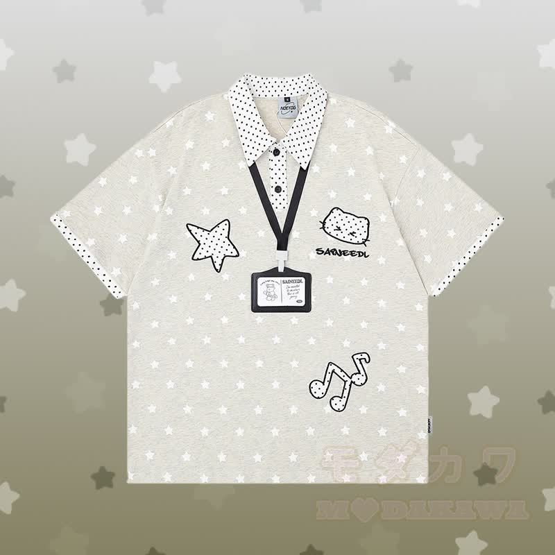 水玉模様の星柄ポロシャツ、3Dベアチェーン、ダメージデニムパンツ、Modakawaのセットアップ - グレーのTシャツ - XL - image 2