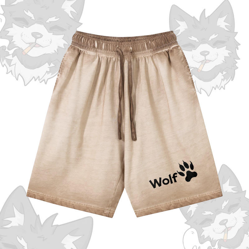 WOLF グラフィックModakawa 100%綿グラデーション ヴィンテージ ウォッシュ加工 ダメージ加工 ショートパンツ - Khaki - 5XL - image 1