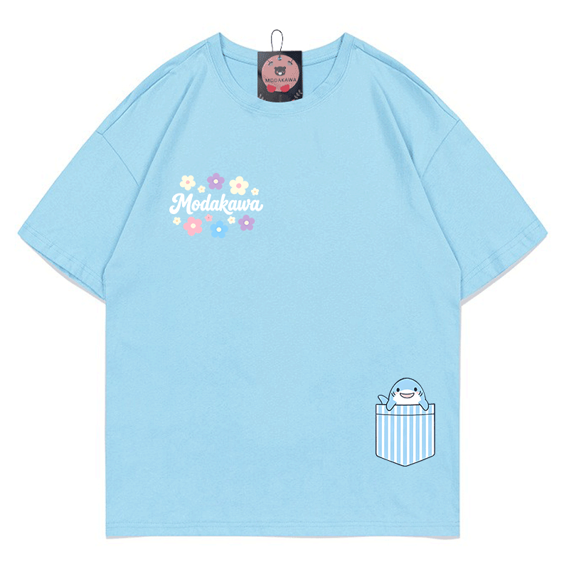 ポケットシャーク フラワー グラフィックModakawa100%綿Tシャツ - Sky Blue - 5XL - image 1