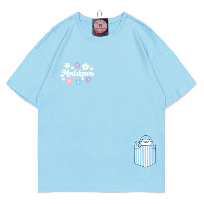 ポケットシャーク フラワー グラフィックModakawa100%綿Tシャツ - Sky Blue - 5XL - image 1