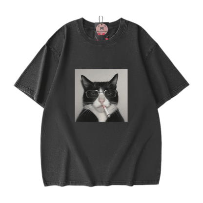 喫煙メガネ猫グラフィックModakawaユニセックス ヴィンテージウォッシュドTシャツ - Black - 5XL - image 2