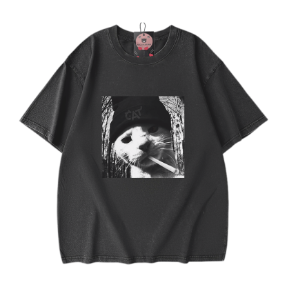 ヴィンテージ スモーキングキャット グラフィックModakawaユニセックス ヴィンテージ ウォッシュド Tシャツ - Black - 5XL - image 2