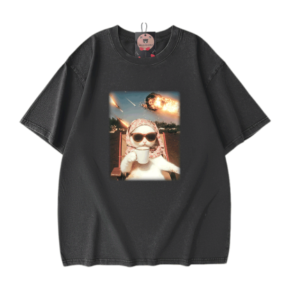 チルキャットグラフィックModakawaユニセックス ヴィンテージウォッシュドTシャツ - Black - 5XL - image 2