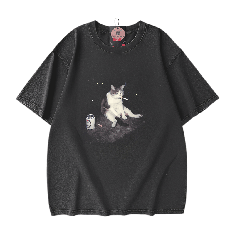 喫煙猫グラフィックModakawaユニセックス ヴィンテージウォッシュドTシャツ - Black - 5XL - image 2