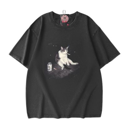 喫煙猫グラフィックModakawaユニセックス ヴィンテージウォッシュドTシャツ - Black - 5XL - image 2