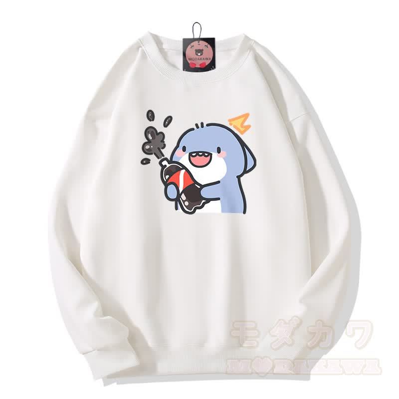 面白いサメのグラフィック入りModakawaユニセックス スウェットシャツ - 白 - 5XL - image 2