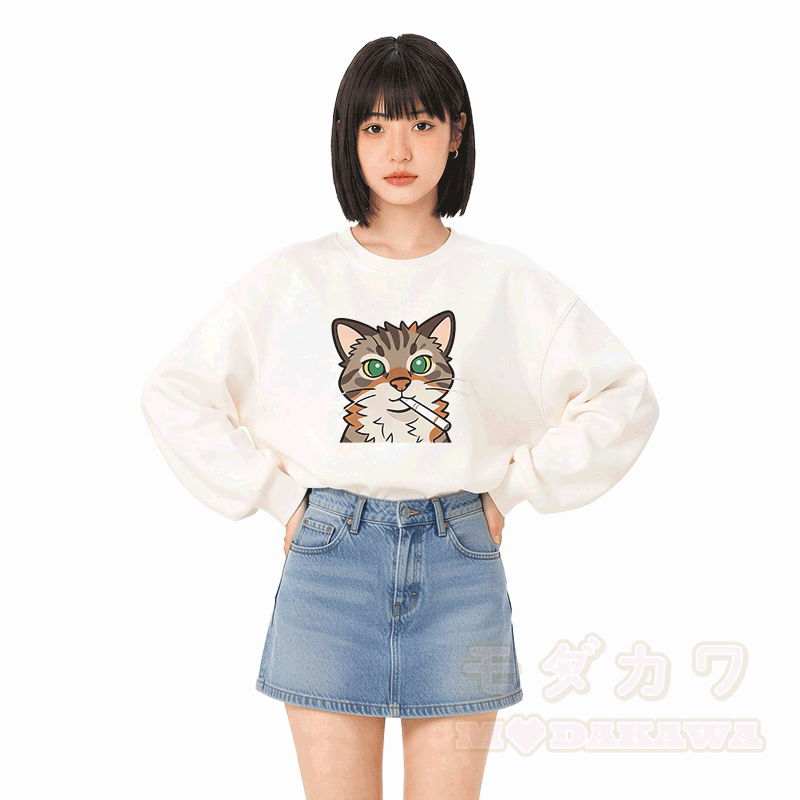 喫煙猫グラフィック入りModakawaユニセックススウェットシャツ - image 2
