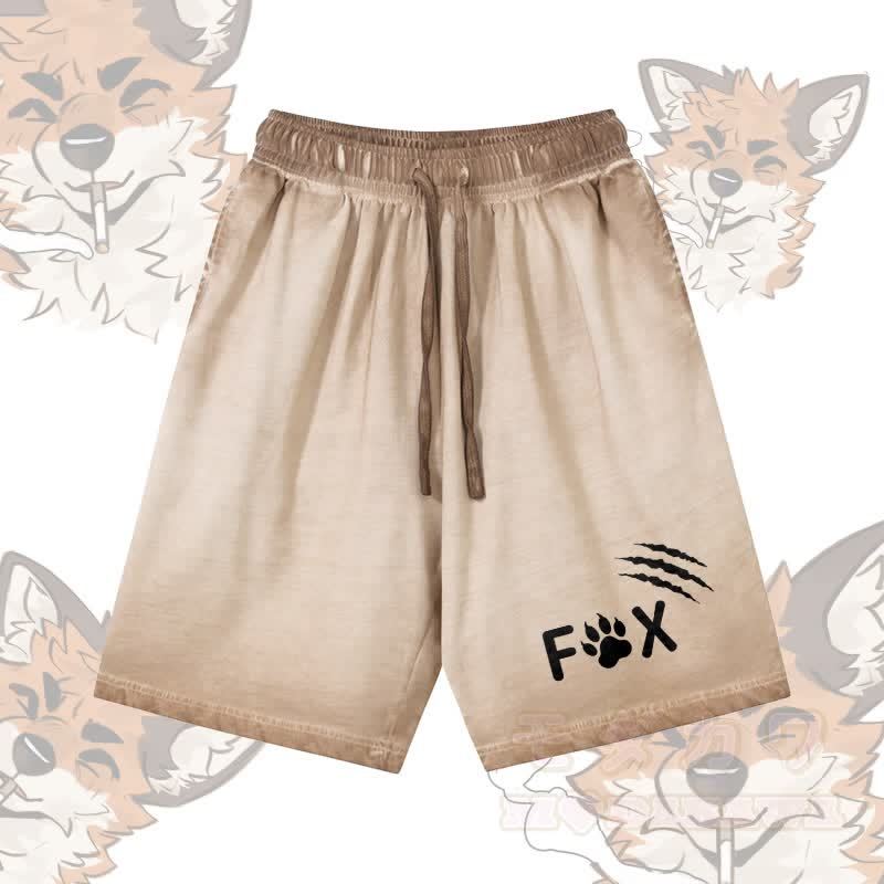 FOX Paw グラフィックModakawa 100%綿グラデーション ヴィンテージウォッシュ加工 ダメージ加工 ショートパンツ - カーキ - 5XL - image 2