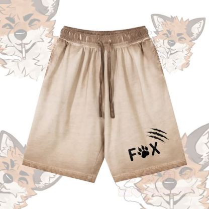 FOX Paw グラフィックModakawa 100%綿グラデーション ヴィンテージウォッシュ加工 ダメージ加工 ショートパンツ - カーキ - 5XL - image 2