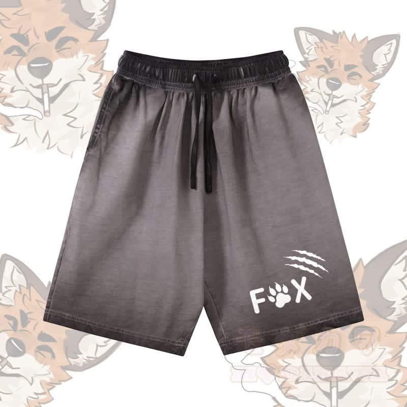 FOX Paw グラフィックModakawa 100%綿グラデーション ヴィンテージウォッシュ加工 ダメージ加工 ショートパンツ - グレー - 5XL - image 1