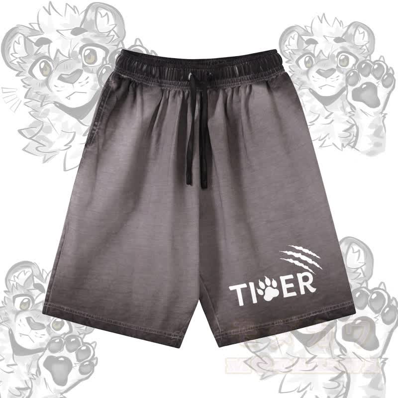 タイガーの足跡グラフィック入りModakawa 100%綿グラデーション ヴィンテージウォッシュ加工 ダメージ加工 ショートパンツ - グレー - 5XL - image 2