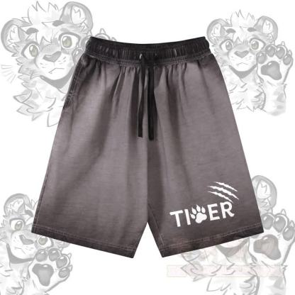 タイガーの足跡グラフィック入りModakawa 100%綿グラデーション ヴィンテージウォッシュ加工 ダメージ加工 ショートパンツ - グレー - 5XL - image 2