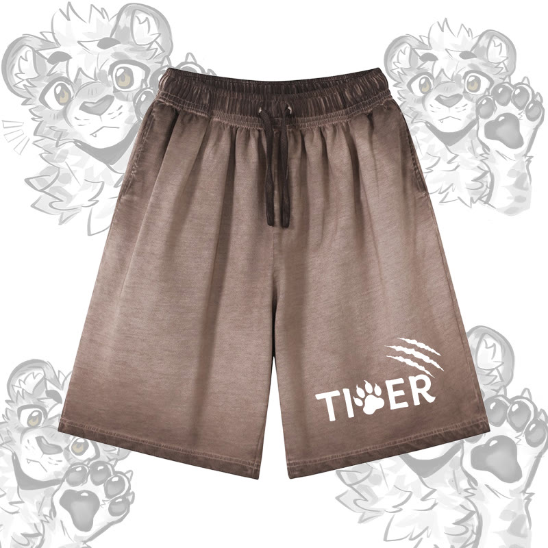 タイガーパウ グラフィックModakawa 100%綿ヴィンテージウォッシュ ダメージ加工 ショートパンツ - Brown - 5XL - image 1
