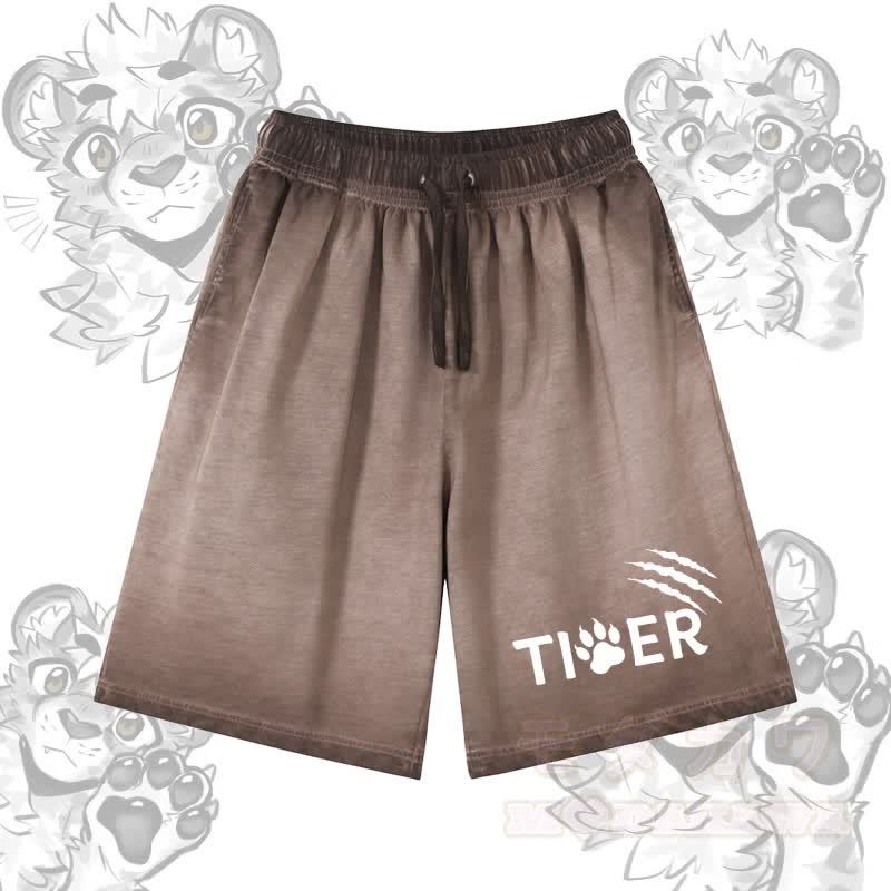 タイガーの足跡グラフィック入りModakawa 100%綿グラデーション ヴィンテージウォッシュ加工 ダメージ加工 ショートパンツ - 茶色 - 5XL - image 1