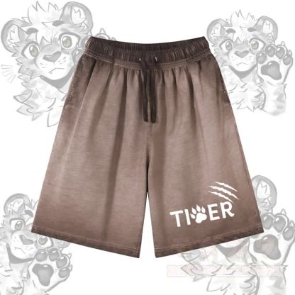 タイガーの足跡グラフィック入りModakawa 100%綿グラデーション ヴィンテージウォッシュ加工 ダメージ加工 ショートパンツ - 茶色 - 5XL - image 1