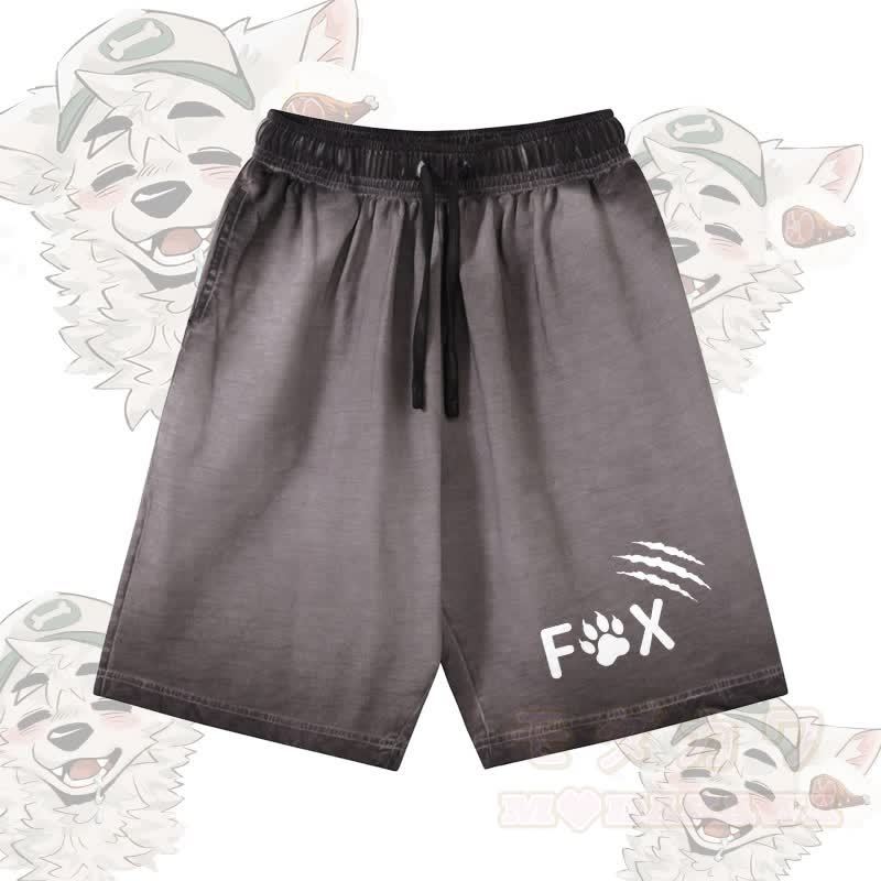 キツネの足跡グラフィック入りModakawa 100%綿グラデーション ヴィンテージウォッシュ加工 ダメージ加工 ショートパンツ - グレー - 5XL - image 2