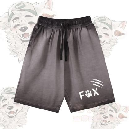 キツネの足跡グラフィック入りModakawa 100%綿グラデーション ヴィンテージウォッシュ加工 ダメージ加工 ショートパンツ - グレー - 5XL - image 2