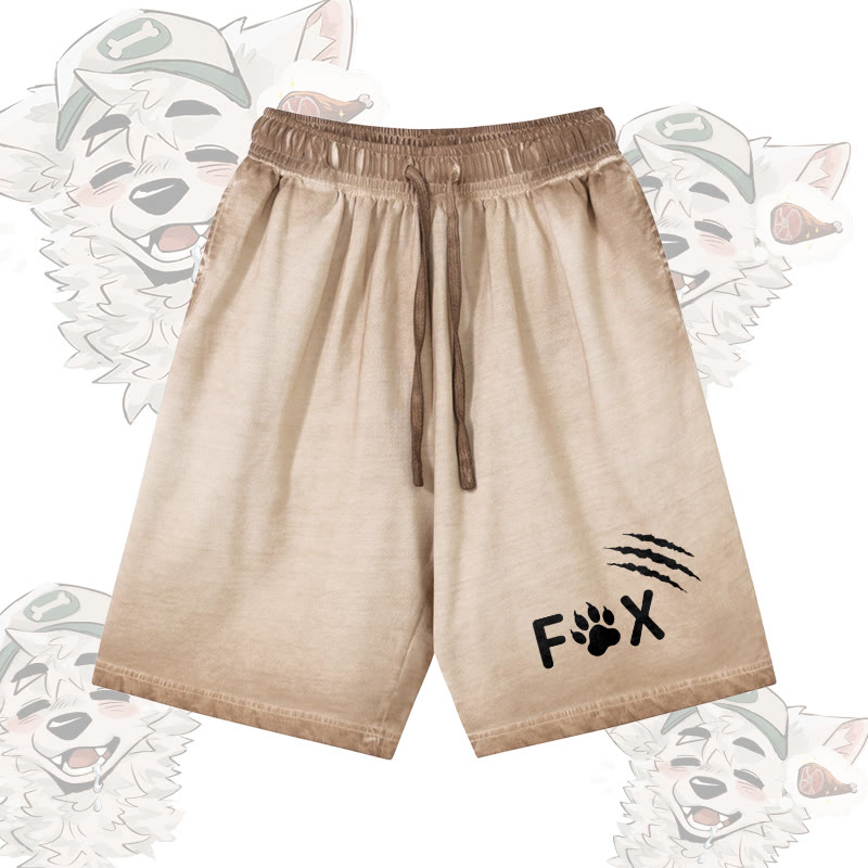 キツネの足跡グラフィック入りModakawa 100%綿グラデーション ヴィンテージウォッシュ加工 ダメージ加工 ショートパンツ - Khaki - 5XL - image 1