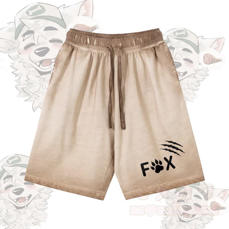 キツネの足跡グラフィック入りModakawa 100%綿グラデーション ヴィンテージウォッシュ加工 ダメージ加工 ショートパンツ - カーキ - 5XL - image 1