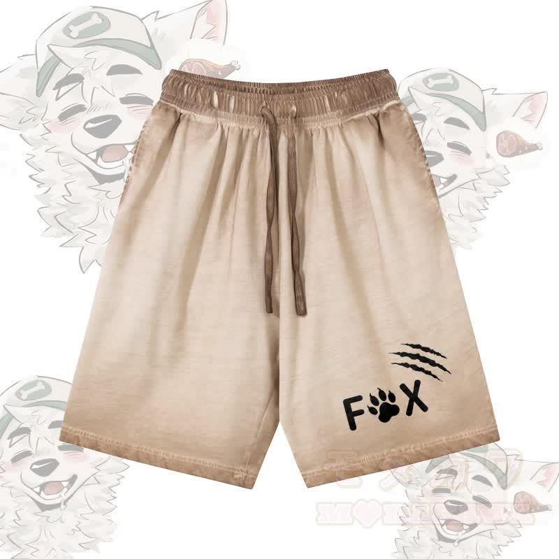 キツネの足跡グラフィック入りModakawa 100%綿グラデーション ヴィンテージウォッシュ加工 ダメージ加工 ショートパンツ - カーキ - 5XL - image 1